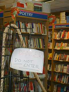 'Danger - Do not enter' sign in bookshop